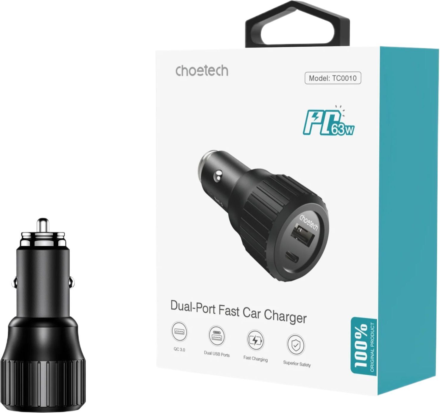 Автомобільний зарядний пристрій CHOETECH TC0010-BK Black фото