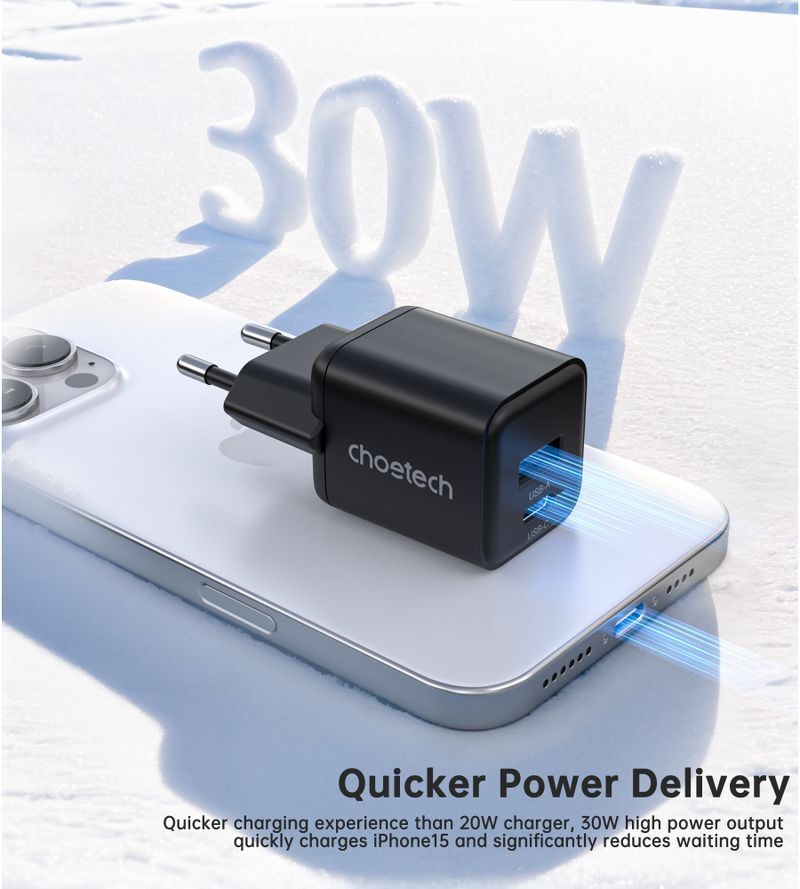 Мережевий зарядний пристрій Choetech USB-A/USB-C 30Вт QC3.0/PD/PPS (PD5012-EU-BK) фото
