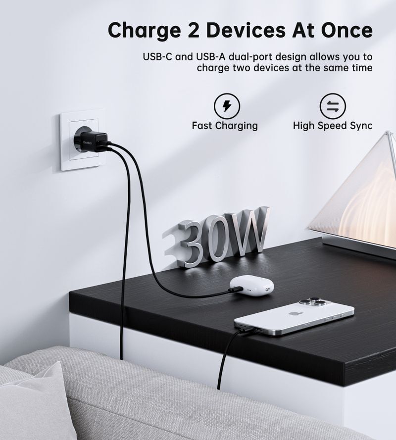 Мережевий зарядний пристрій Choetech USB-A/USB-C 30Вт QC3.0/PD/PPS (PD5012-EU-BK) фото