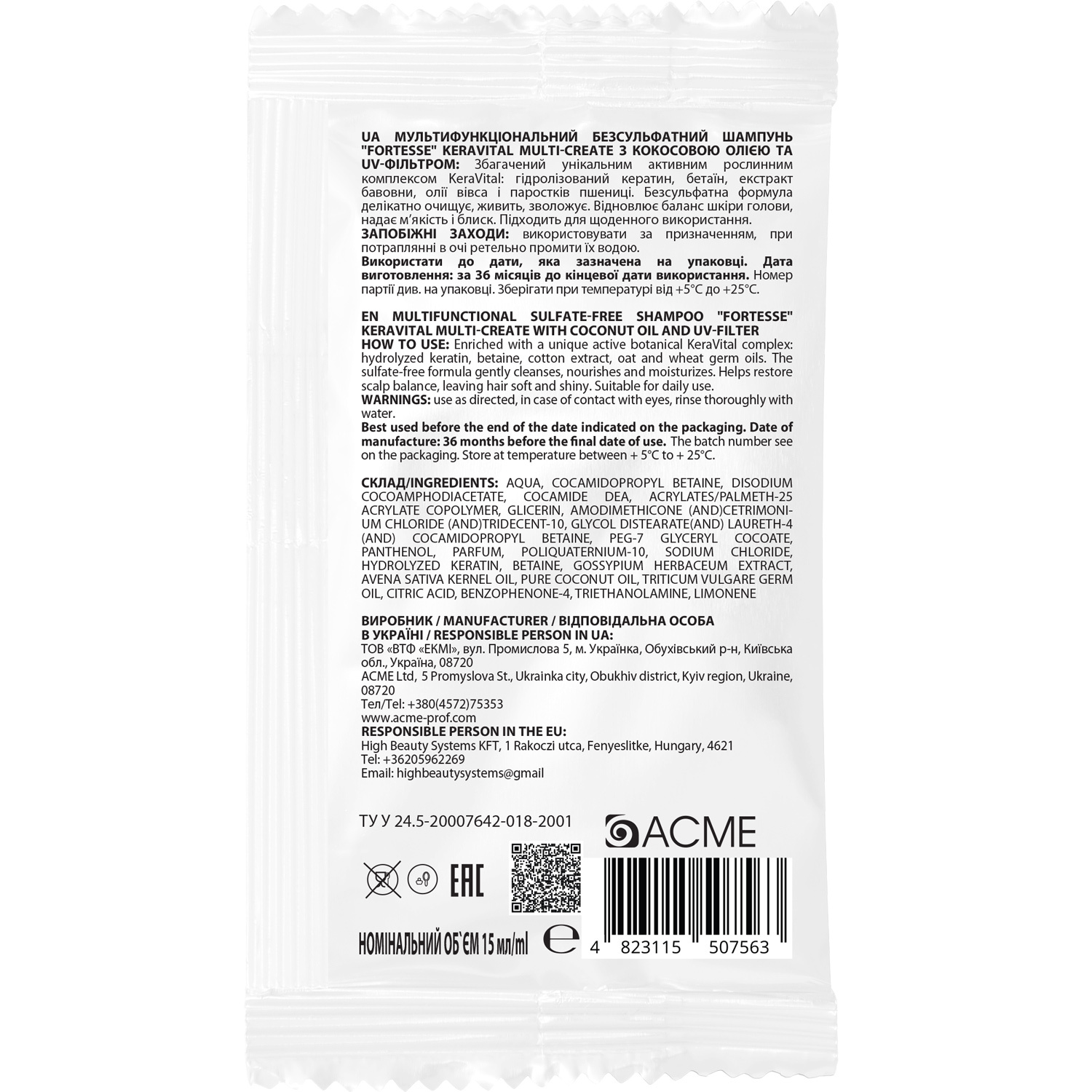 Мультифункциональный безсульфатный шампунь Fortesse Professional All-In-One Multi-Create KeraVital с кокосовым маслом и фото2
