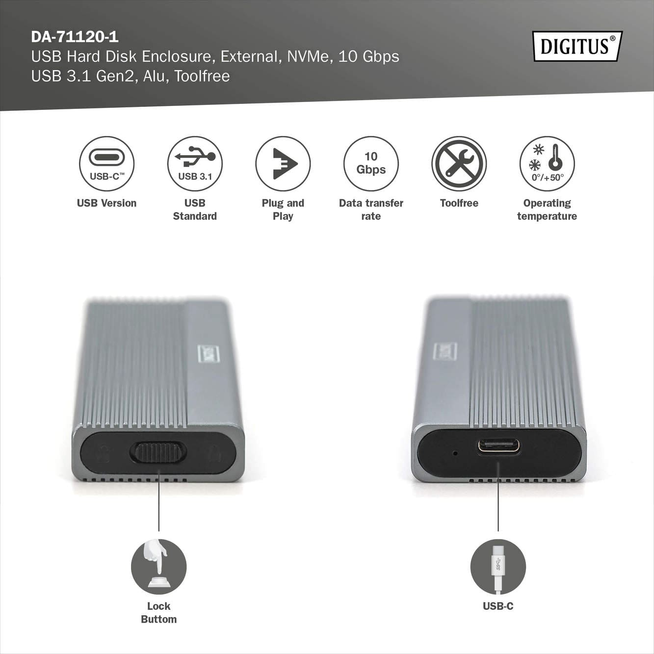 Адаптер DIGITUS M.2 NVMe SSD, 10Gbps, USB3.1 Gen2, алюминиевый корпус фото7