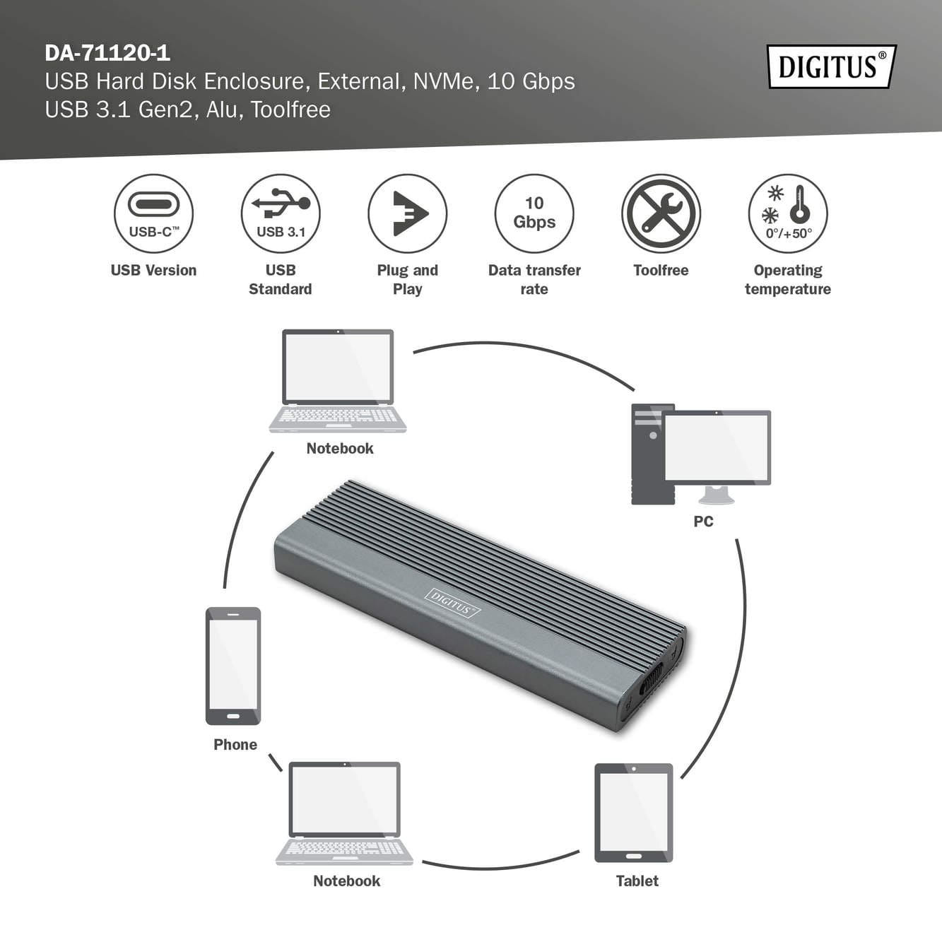Адаптер DIGITUS M.2 NVMe SSD, 10Gbps, USB3.1 Gen2, алюминиевый корпус фото8