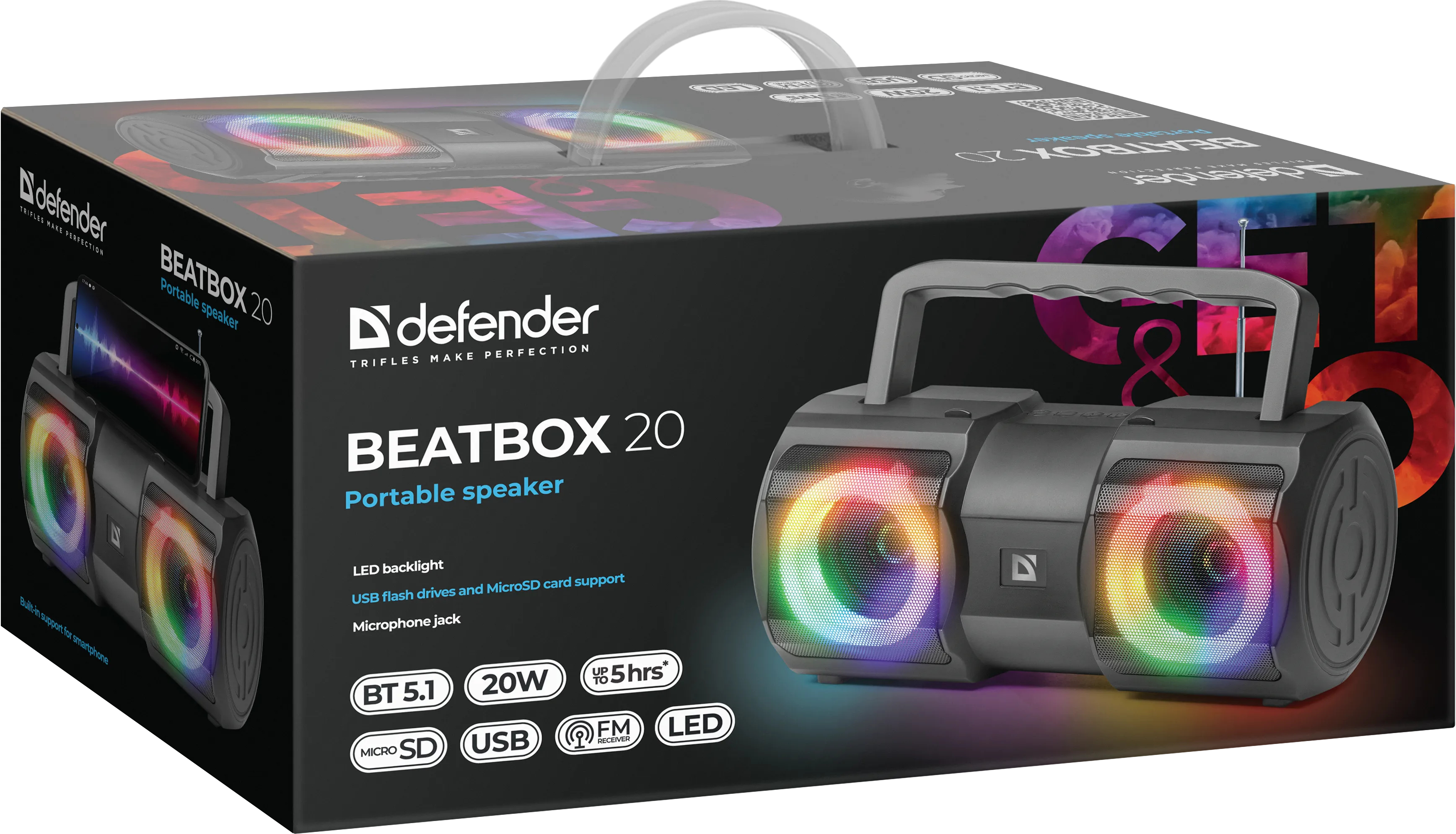 Акустична система Defender 1.0 Beatbox 20Вт, Light/BT/MIC/FM/USB/TF фото