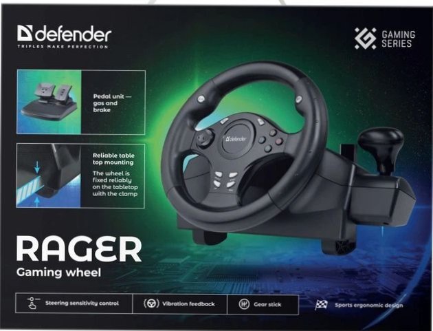 Ігрове кермо з двома педалями Defender Rager чорне фото8