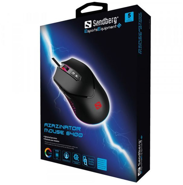 Мишка Sandberg Azazinator Mouse 6400 RGB, ігрова, 6400dpi., 7кн.Huano, чорна фото5