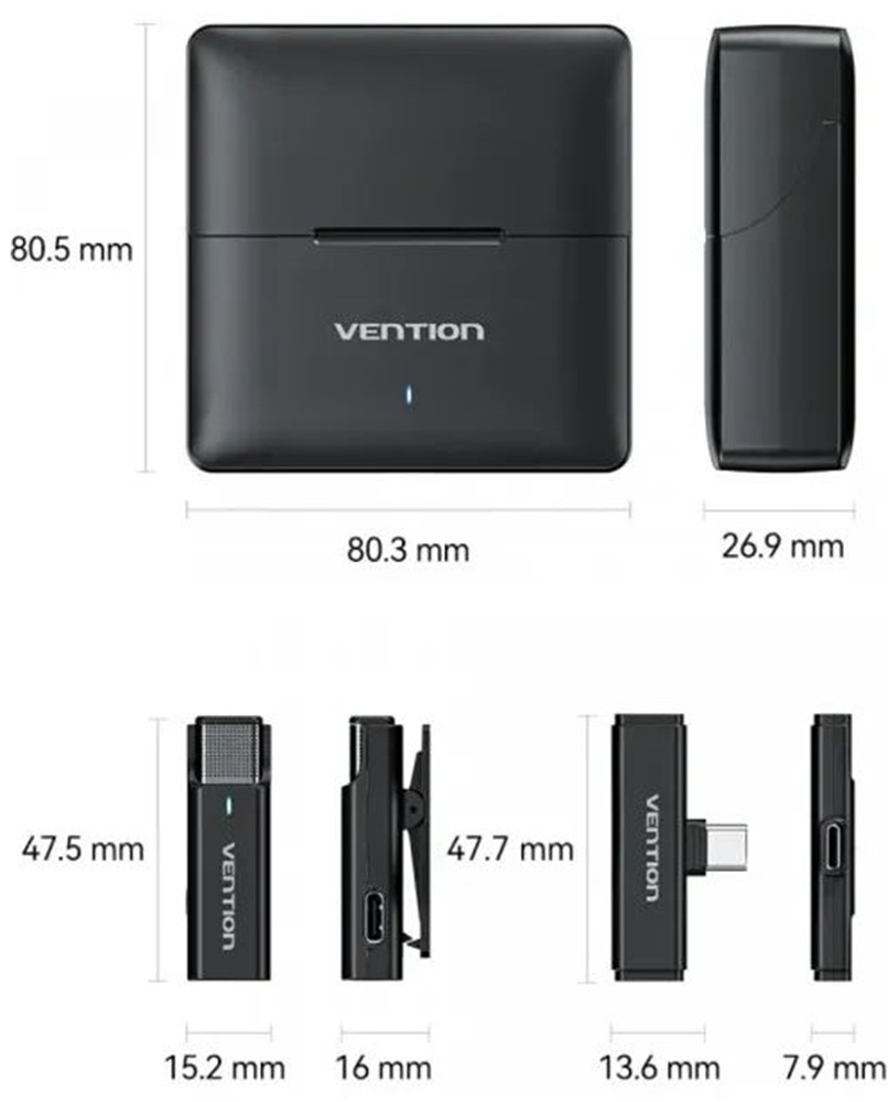 Бездротовий подвійний петличний мікрофон Vention USB-C 2-Pack Wireless Lavalier with Charging Case фото3