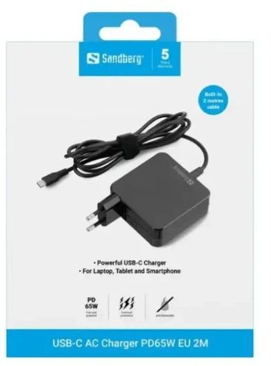 Зарядний пристрій 1xUSB 65W (USB-C) Gan, built in cable 2m, чорний Sandberg фото