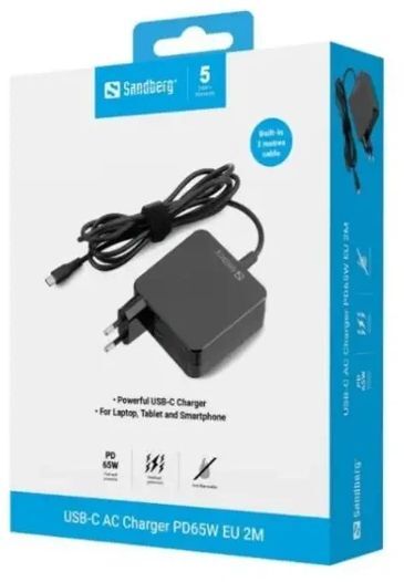 Зарядний пристрій 1xUSB 65W (USB-C) Gan, built in cable 2m, чорний Sandberg фото