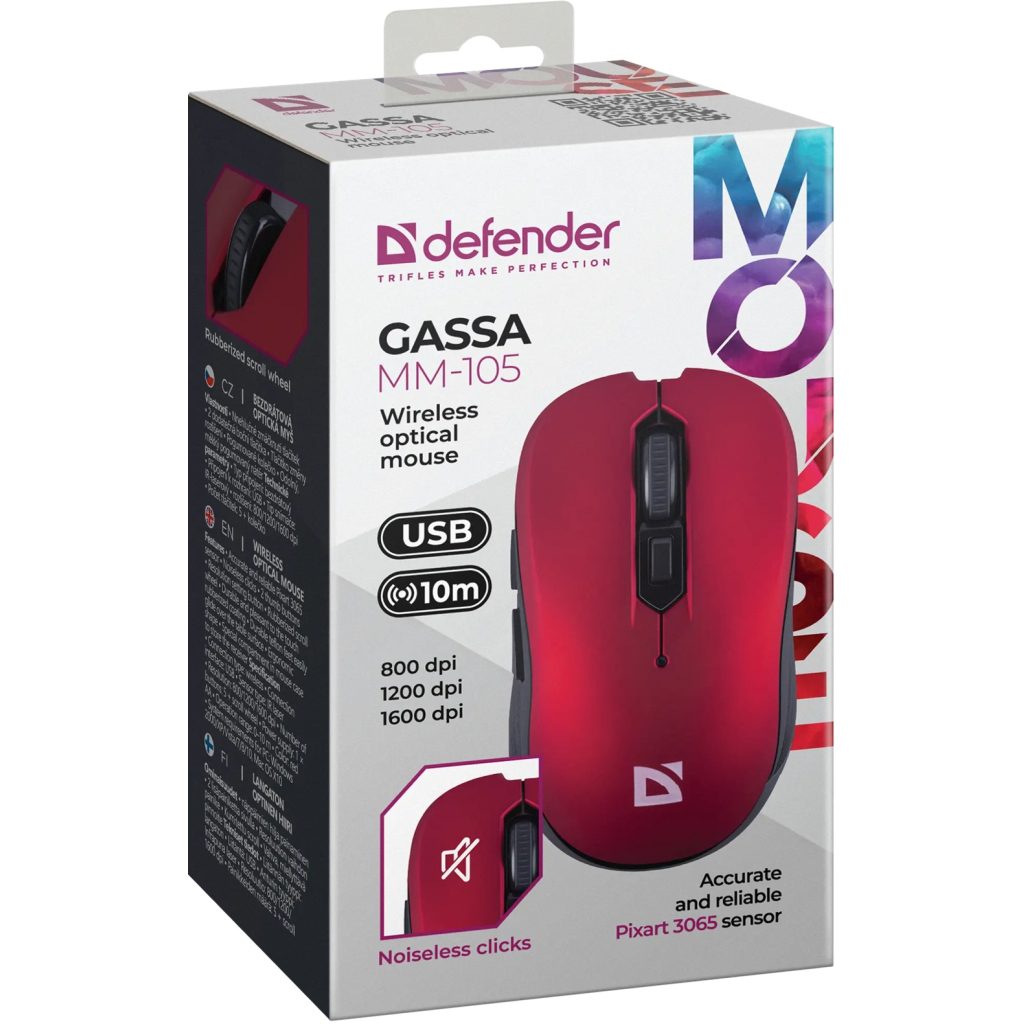 Мышь бесшумная Defender Gassa MM-105 6 кн., 1600 dpi, красная (52103) фото5