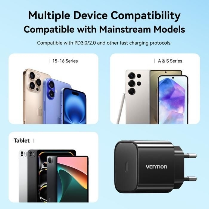 Зарядний пристрій 1xUSB-C 20W + USB-C cable М-М Black Vention фото5