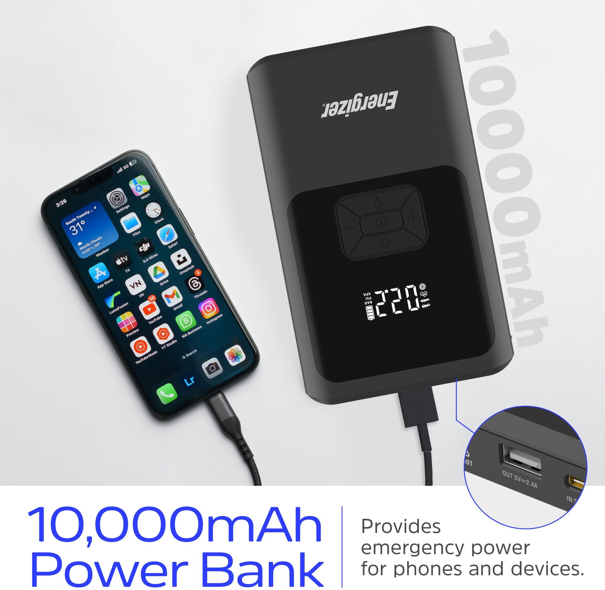 Пускозарядное устройство автомобильное Jump Starter 10000mAh 37W USB-C, USB-A, фонарь 2W Energizer фото5