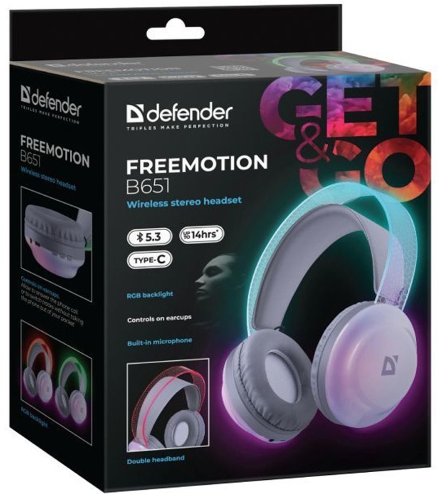 Гарнітура Defender FreeMotion B651 Bluetooth+3,5мм+USB-C, RGB White фото