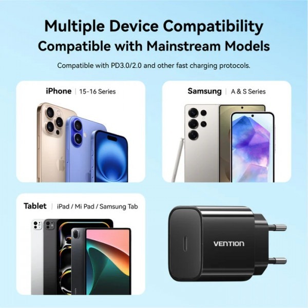 Зарядное устройство Vention 1xUSB-C 20W + USB-C to Lightning cable М-М Black (G17B0-EU) фото4