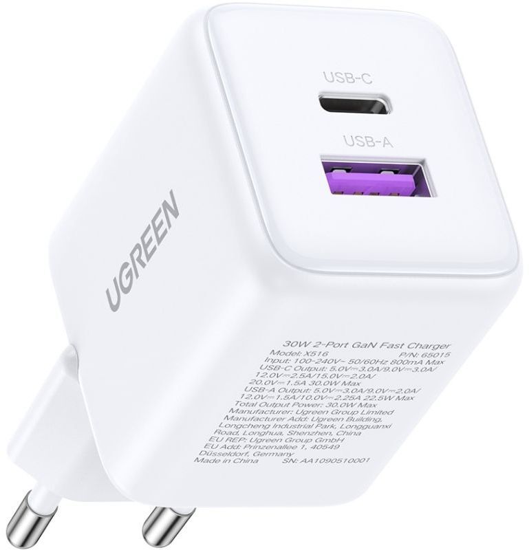 Зарядное устройство 2xUSB 30W (USB-A + USB-C) X516 Gan белый Ugreen фото3