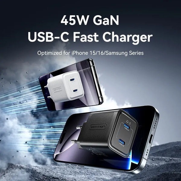 Зарядний пристрій Vention 45W 2xUSB-С GaN White (FEFW0-EU) фото