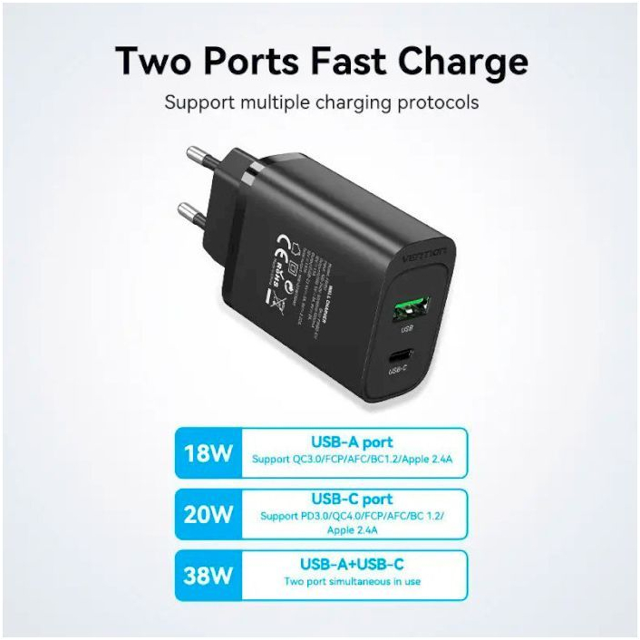 Зарядное устройство Vention 2xUSB 38W (USB-C+USB-A) PD+QC3.0 черный (FBIB0-EU) фото