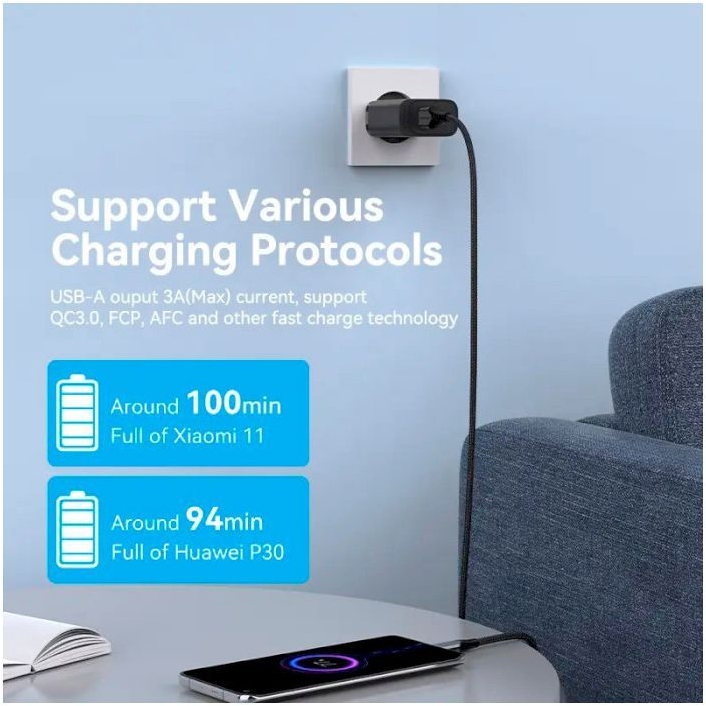 Зарядное устройство Vention 2xUSB 38W (USB-C+USB-A) PD+QC3.0 черный (FBIB0-EU) фото