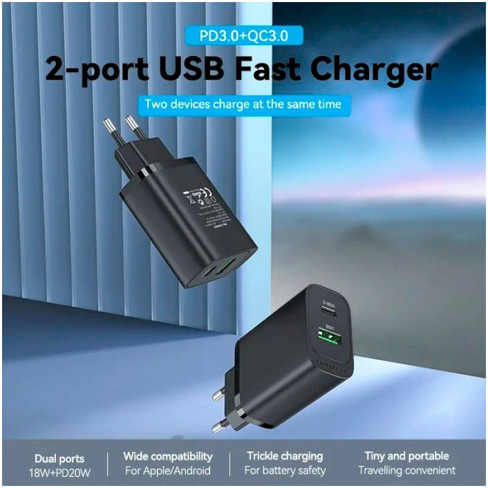 Зарядное устройство Vention 2xUSB 38W (USB-C+USB-A) PD+QC3.0 черный (FBIB0-EU) фото