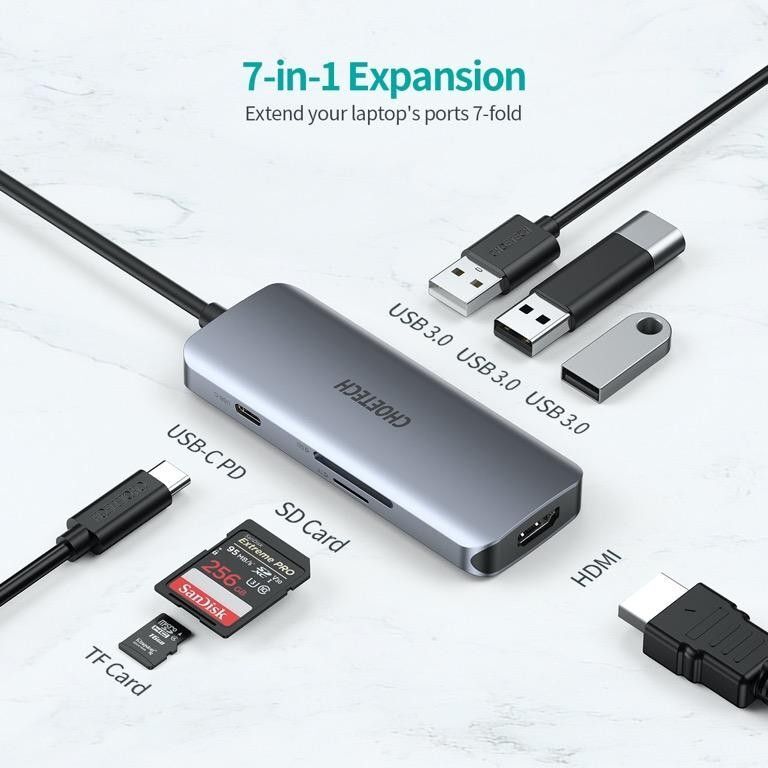 Док станція USB-C 7-в-1 (HDMI/PD/картридер/USB-A / USB-C), алюміній HUB-M19-GY фото4