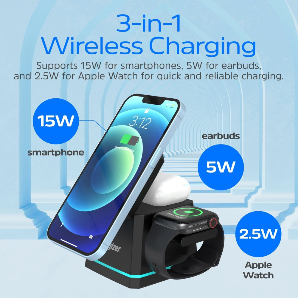 Беспроводное зарядное устройство Energizer 15W 3-in-1 Magnetic Wireless Fast Charger Black (WCP307) фото4