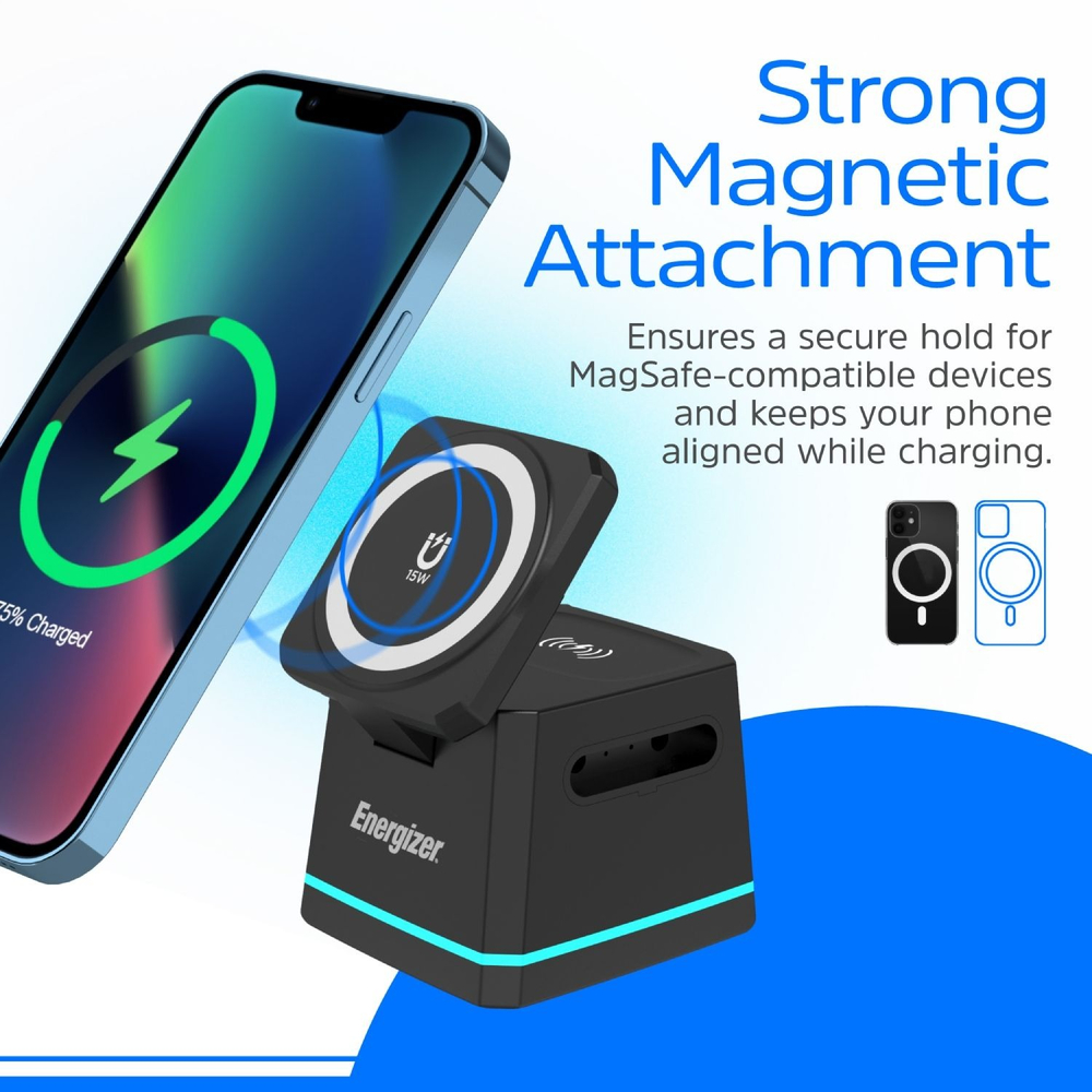 Беспроводное зарядное устройство Energizer 15W 3-in-1 Magnetic Wireless Fast Charger Black (WCP307) фото3