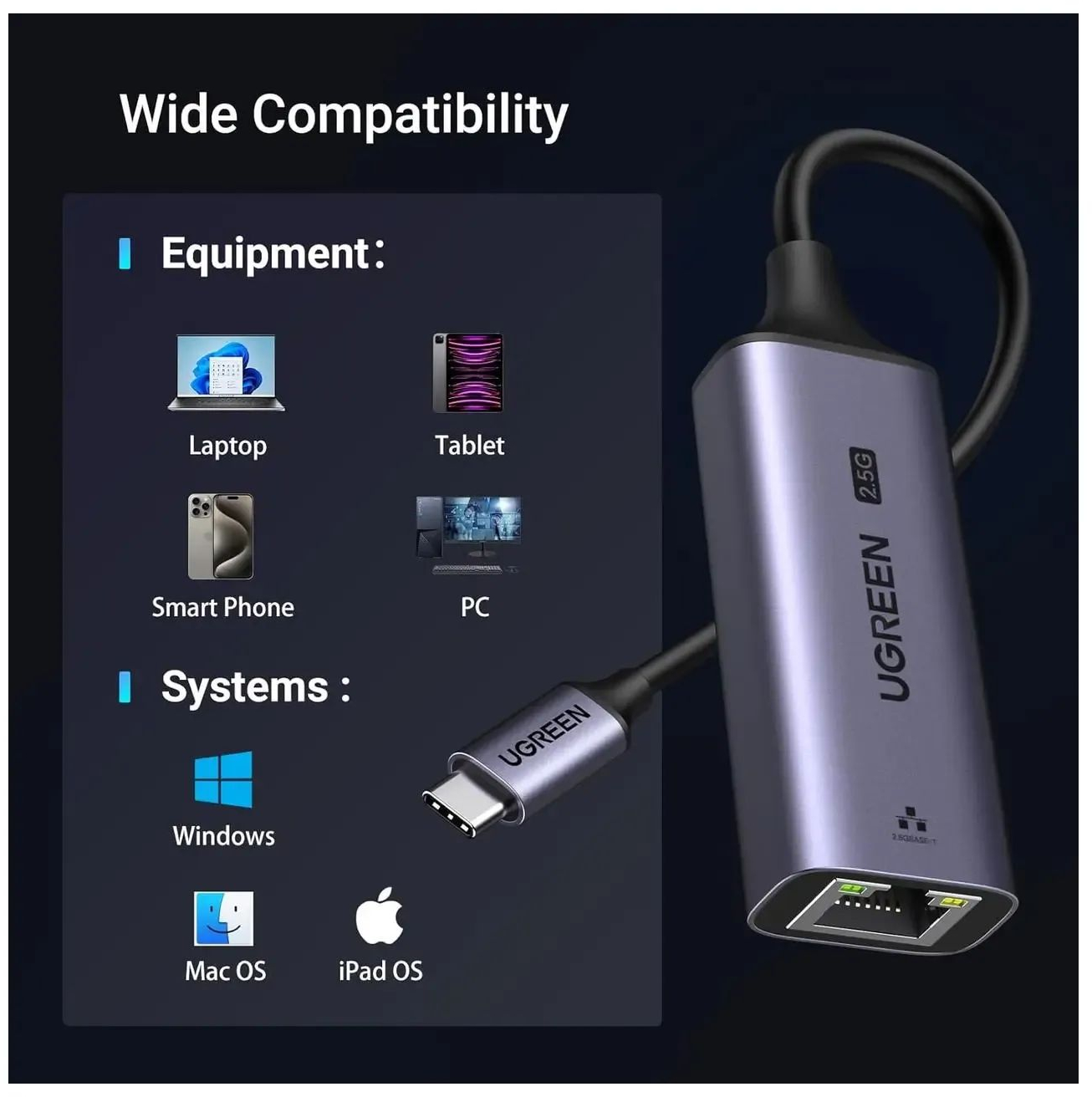 Переходник USB-C 3.0 --> Ethernet RJ45 2.5Gb CM648 Ugreen черный фото