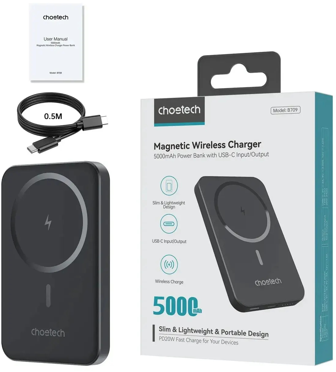 Павербанк Choetech Magnetic Wireless 5000mAh 20W PD Black фото3