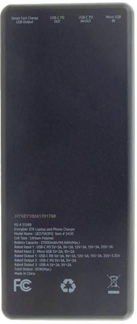 Павербанк Energizer 27000mAh 65W PD QC3.0 Black фото