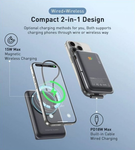 Павербанк Choetech Magnetic Wireless 10000mAh 20W PD Black фото5