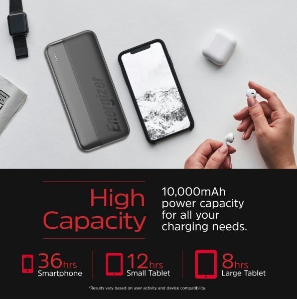 Павербанк Energizer 10000mAh 15W, USB-А, 2хUSB-C Black фото5