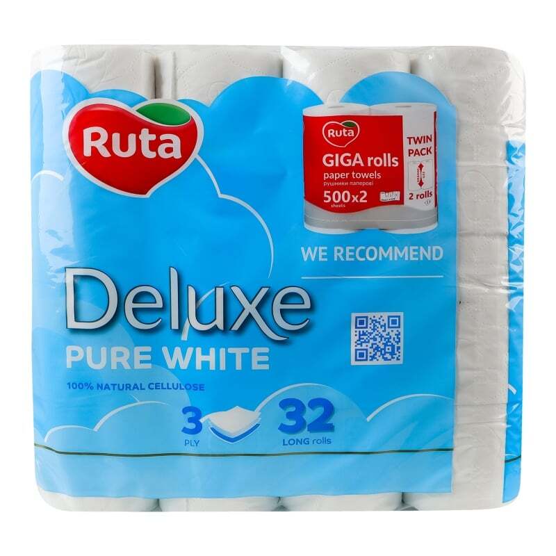 Туалетная бумага Ruta Pure White Deluxe 32 рул 3 ш белая фото
