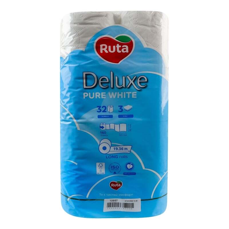 Туалетная бумага Ruta Pure White Deluxe 32 рул 3 ш белая фото