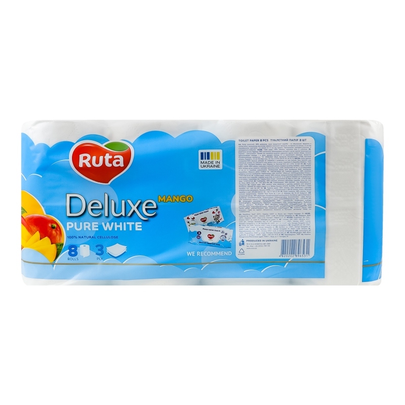 Туалетная бумага Ruta Pure White Deluxe 8 рул 3 ш белый манго фото2