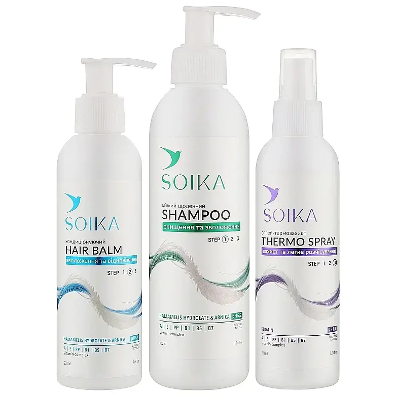 Набор для волос Soika 3в1: шампунь + бальзам + спрей-термозащита (дизайн Blue глянец) фото
