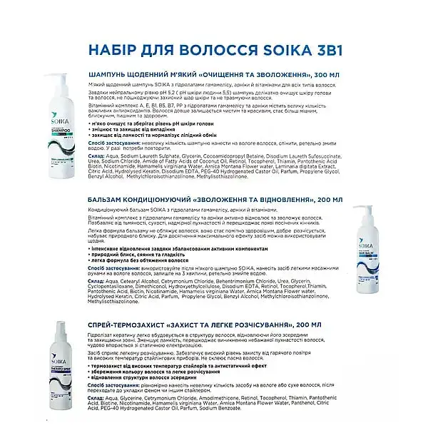 Набор для волос Soika 3в1: шампунь + бальзам + спрей-термозащита (дизайн Blue глянец) фото