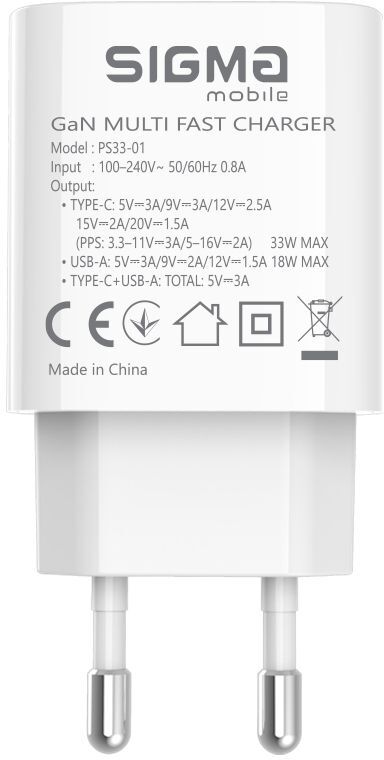 Мережевий зарядний пристрій Sigma X-power 33W PS33-01 (GaN PD/QC Charger, 1USB-C+1USB-A) фото