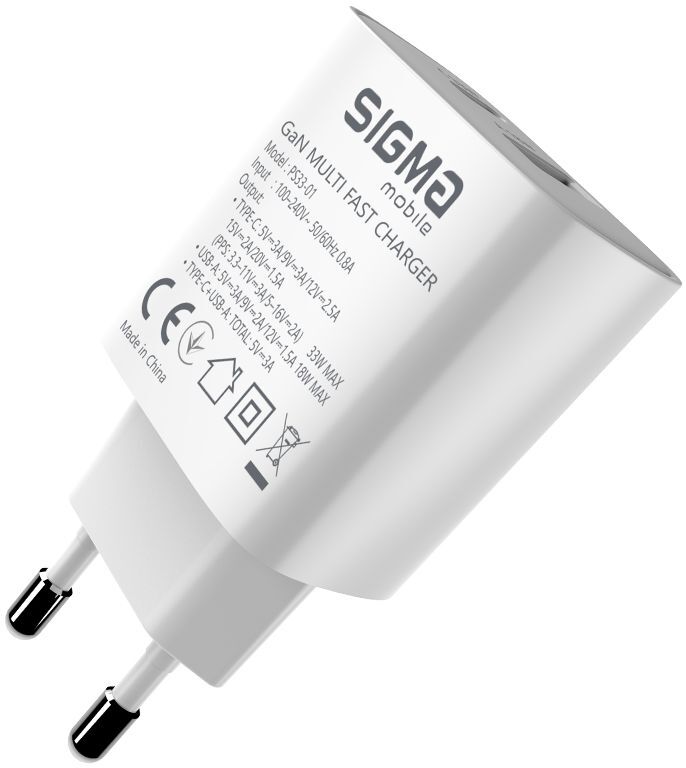 Мережевий зарядний пристрій Sigma X-power 33W PS33-01 (GaN PD/QC Charger, 1USB-C+1USB-A) фото