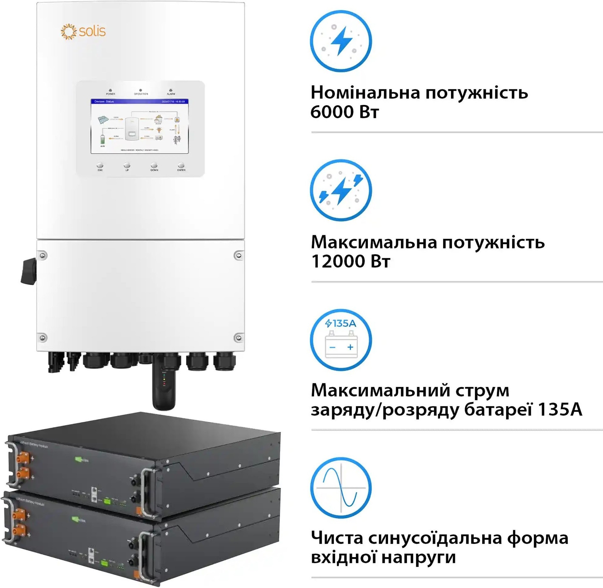 Инвертор солнечный Solis SV-1SL6K1-LES10.2K1 6kW 10.2kWh 2BAT LiFePO4 (SV-1SL6K1-LES10.2K1) фото3