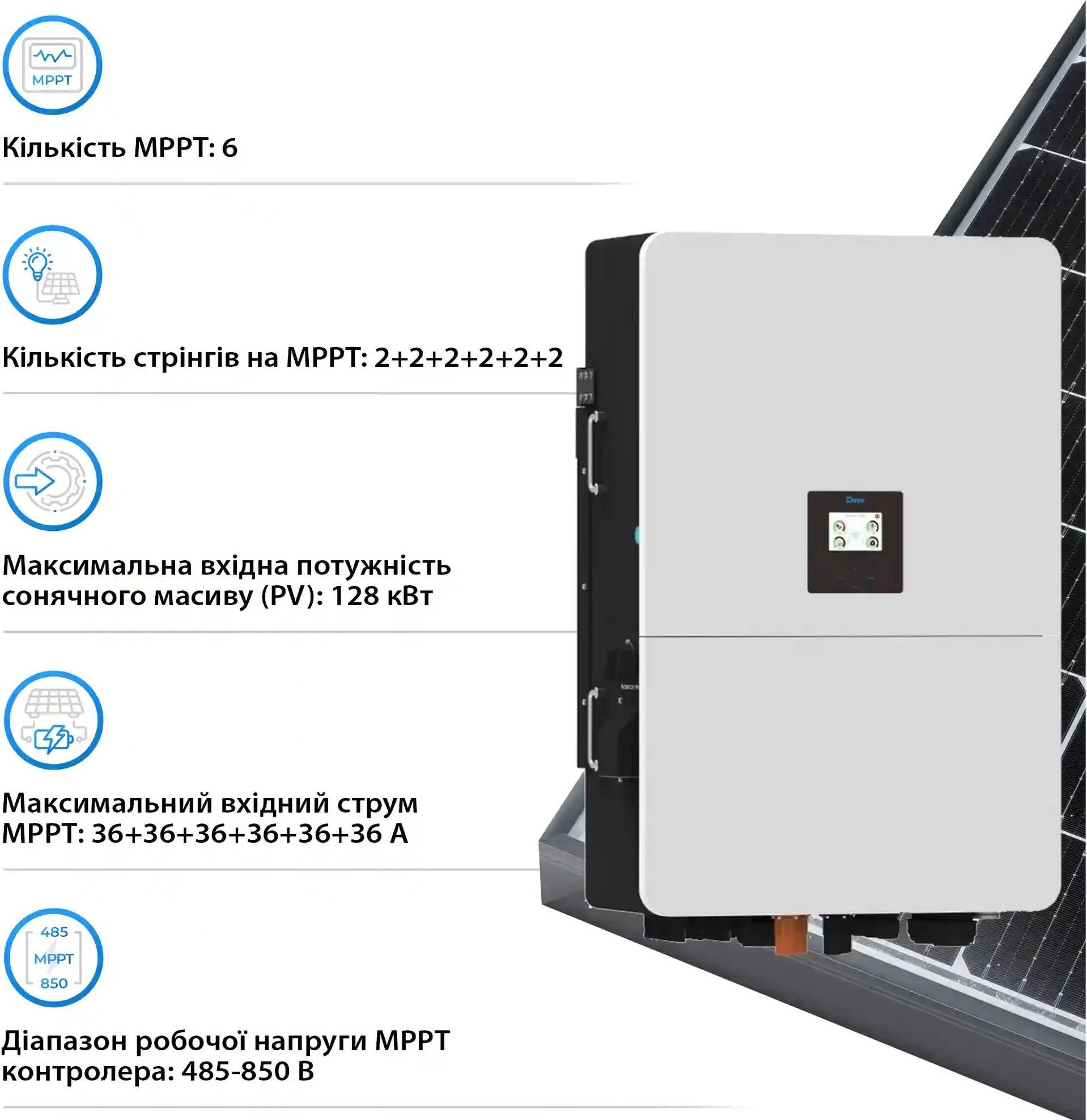 Інвертор сонячний DEYE SUN-80K-SG02HP3-EU-EM6 80kW 209kWh 1BAT LiFePO4 (SV-3DE80K1-HGS209K2-1) фото