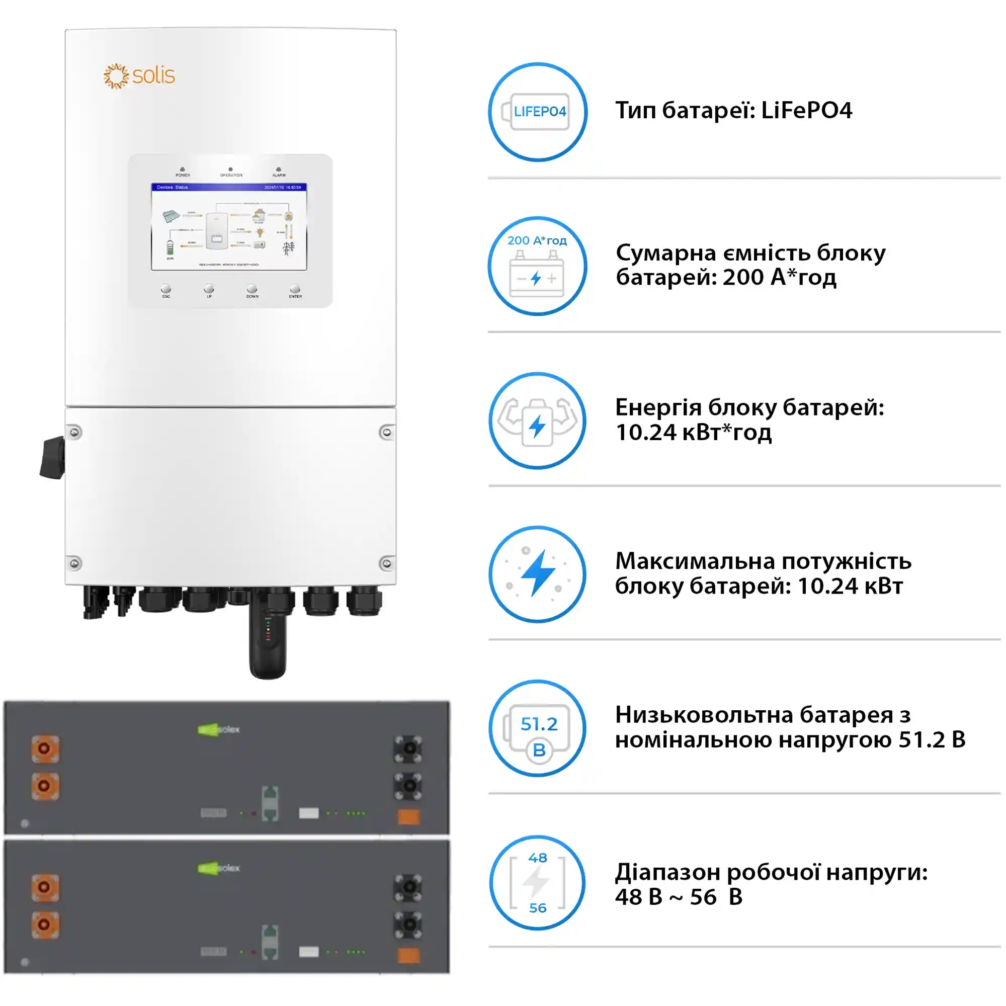 Система хранения энергии Solis SV-1SL8K1-LES10.2K1 8kW 10.2kWh 2BAT LiFePO4 (SV-1SL8K1-LES10.2K1) фото4