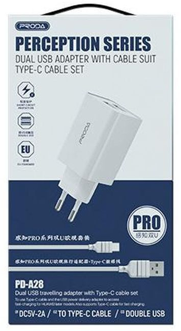 Зарядний пристрій Proda PD-A28i 2хUSB 2.4A + USB Ligthtning 1.0m (PD-A28i-WH) фото4