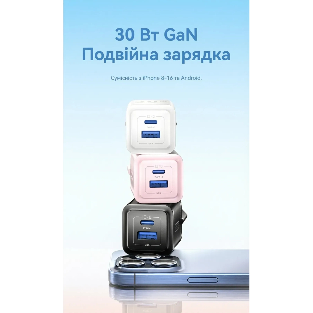 Зарядний пристрій Vention 1xUSB-C PD30W + 1xUSB QC3.0 30W GaN white (FEQW0-EU) фото2