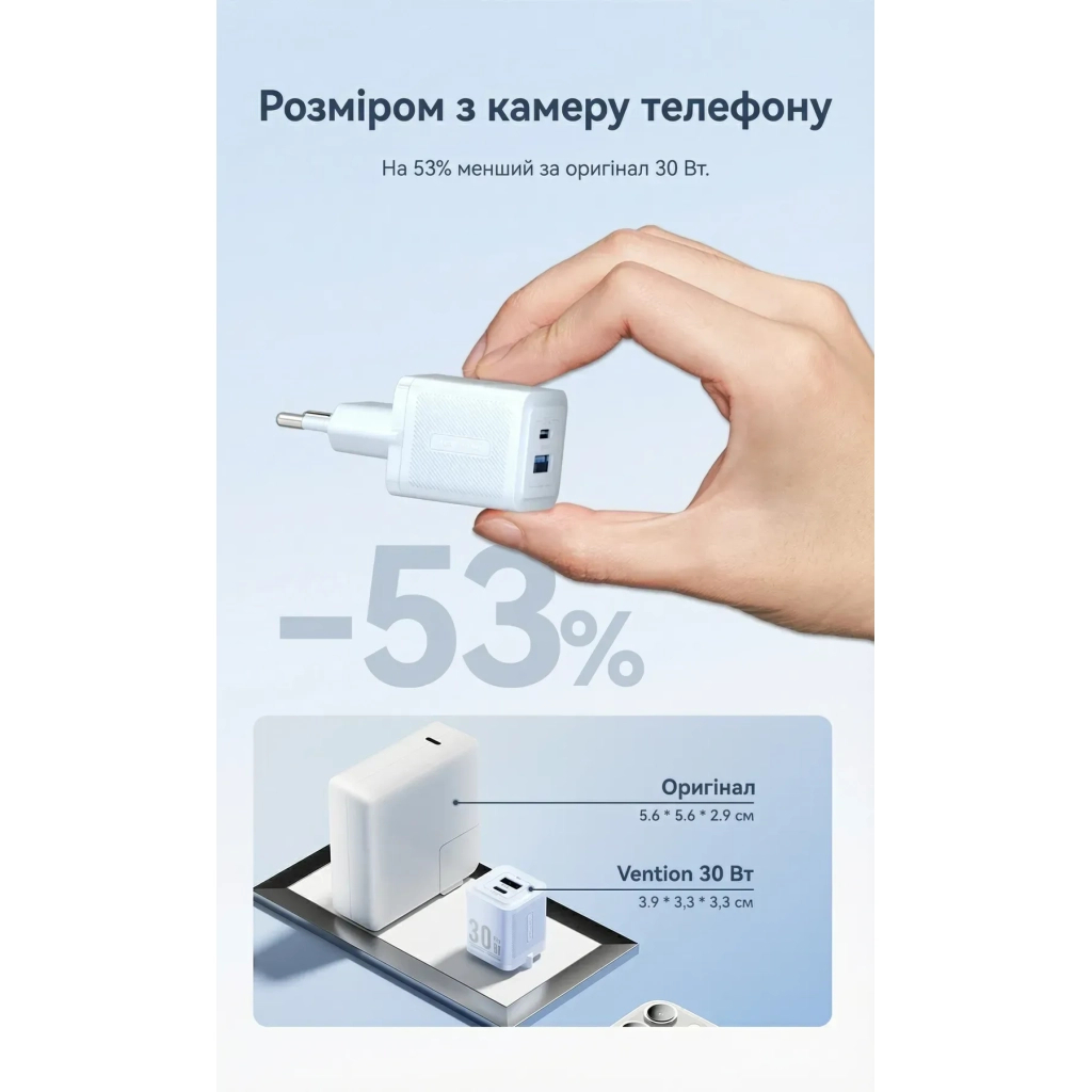 Зарядний пристрій Vention 1xUSB-C PD30W + 1xUSB QC3.0 30W GaN white (FEQW0-EU) фото5