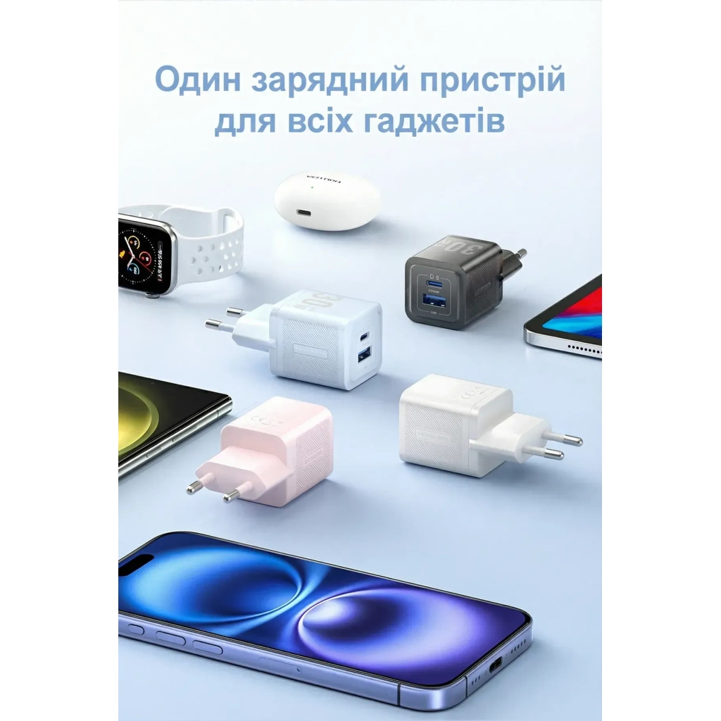 Зарядний пристрій Vention 1xUSB-C PD30W + 1xUSB QC3.0 30W GaN white (FEQW0-EU) фото9
