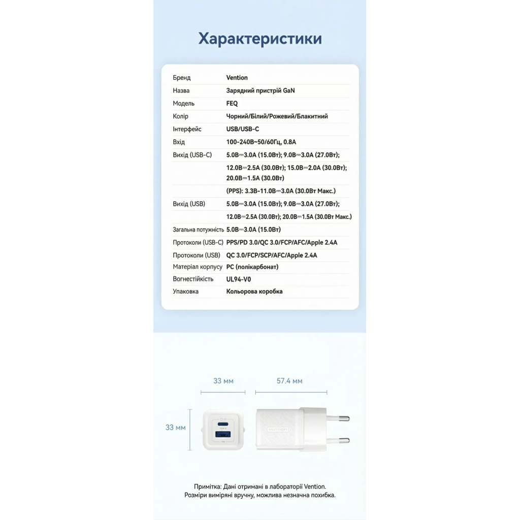 Зарядний пристрій Vention 1xUSB-C PD30W + 1xUSB QC3.0 30W GaN white (FEQW0-EU) фото10