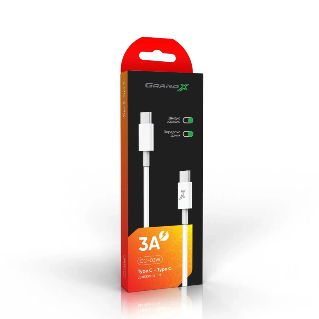 Кабель USB-C to USB-C 1.0m 20W CC-03W White Grand-X (CC-03W) фото3