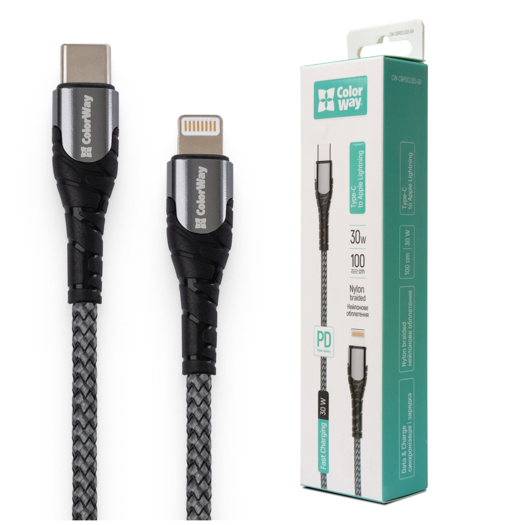 Кабель USB-C to Lightning 1.0m ColorWay (CW-CBPDCL033-GR) фото