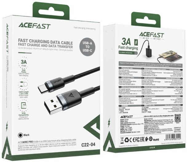 Кабель USB 2.0 AM to USB-C 1.2m 60W black Acefast (6974316285144) фото4