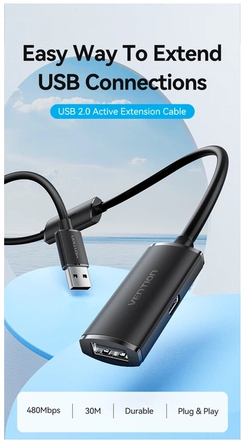 Кабель USB 2.0 AM/AF 30.0m Active black Vention (CBKBT) фото2