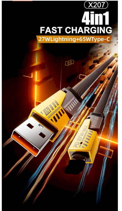 Кабель USB-C + USB-A to Lightning+USB-C 1.0m 65W X207 black WUW (6972573336524) фото5
